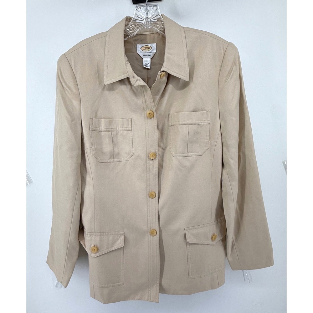 Talbots Pure Silk Safari Jacket Tan Beige Button Front Utility Pocket Womens 8